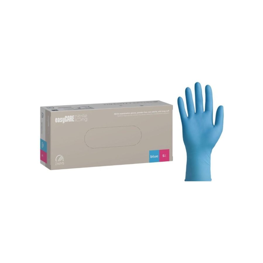 Pagarināti nitrila cimdi, nepūderēti «Easy CARE», zilā krāsā, 100 gb.